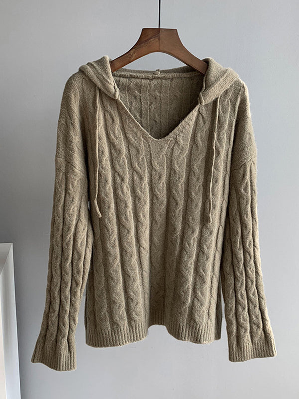 Casual Long Sleeves Loose Jacquard Solid Color Hooded Sweater Tops