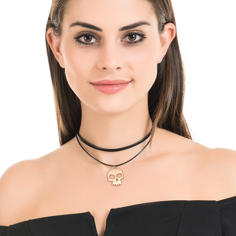 Black Leather Rope Ghost Head Choker