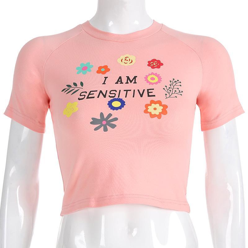 Clearance Letter Flowers Print Short Sleeves Crop Top