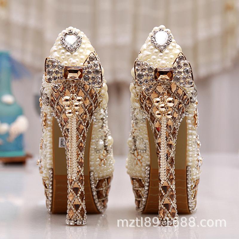 Champagne Rhinestone Pearl Handmade Super High Heel Wedding Shoes