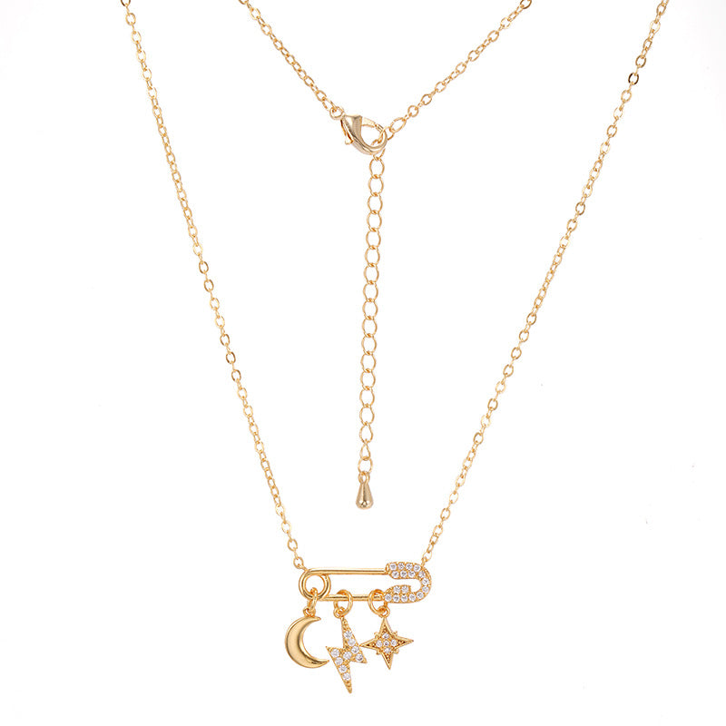 Free Shipping For Golden Plated Paperclip Star Moon Lightning Necklace