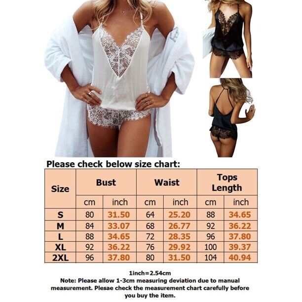 Women Snap Crotch Lingerie Lace Bodysuit Deep V-neck Sleepwear Babydoll Negligee