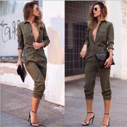 Women Long Jumpsuit Pure Color Button V-neck Long Sleeves Summer Outfit Overall