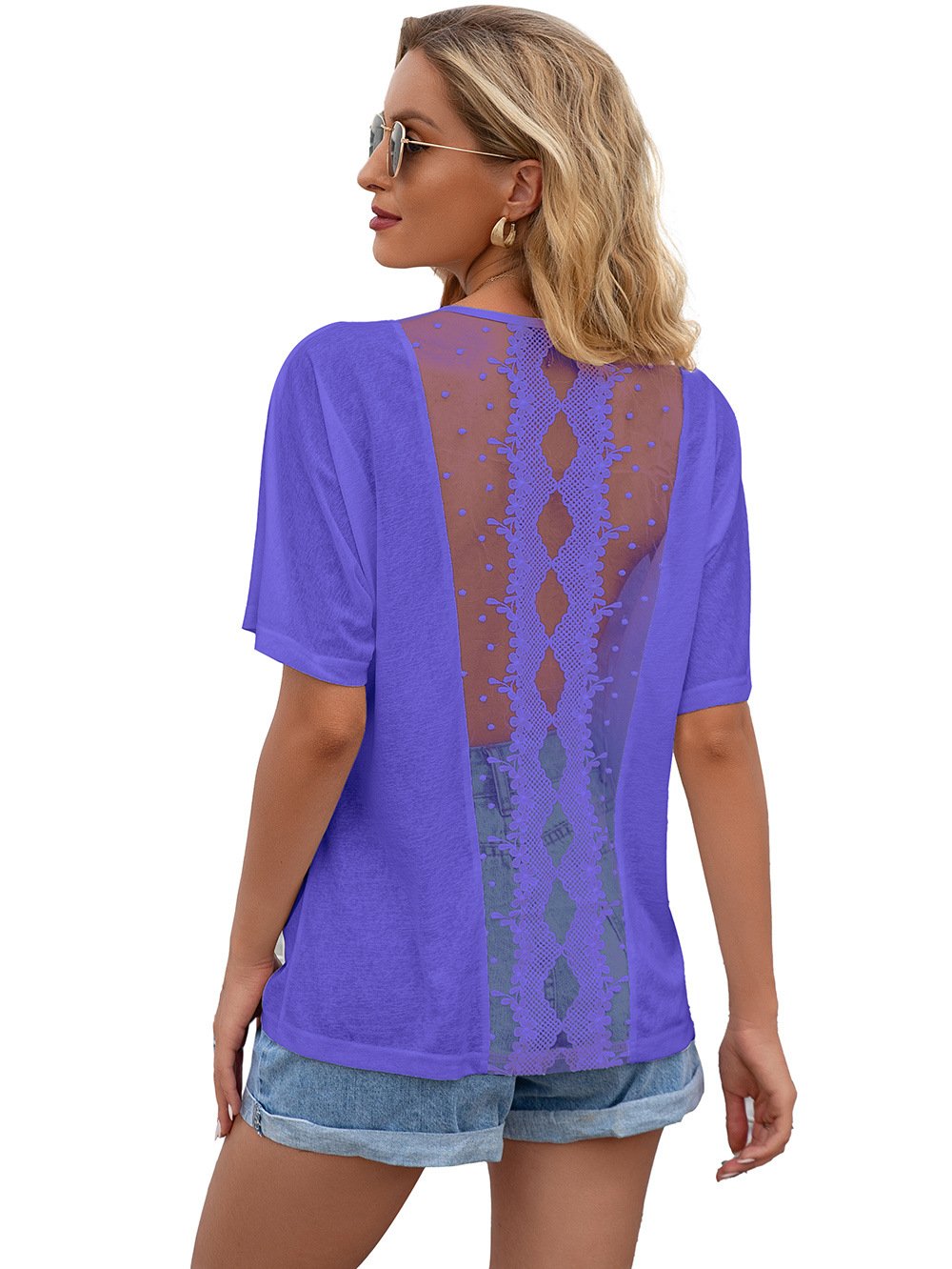 Round neck short sleeve cut out lace stitching T-shirt