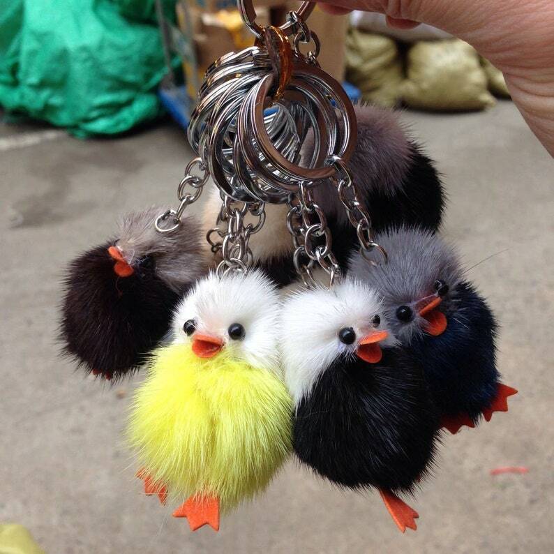 Fur Chicken Keychain Gift Idea Mink Fur Puppy Pom Bag Charms Phone Accessories