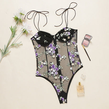 Lace Embroidery Sexy Perspective Seductive Lingerie One-piece Suit