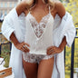 Women Snap Crotch Lingerie Lace Bodysuit Deep V-neck Sleepwear Babydoll Negligee