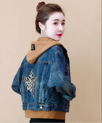 Fashion Hooded Loose Denim Coat Fake Two-Piece Set