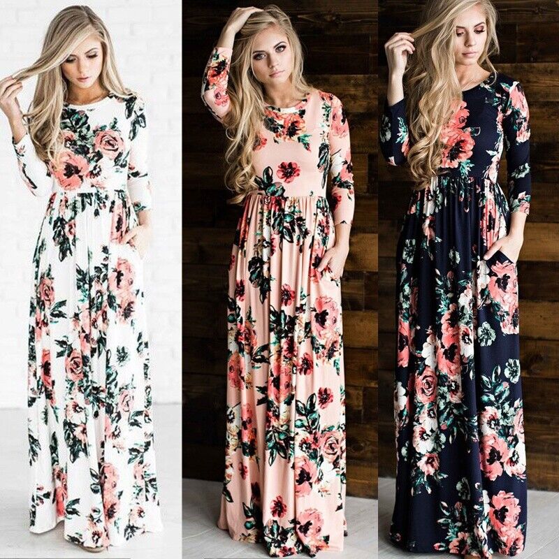 Maxi Dress Print 3/4 Sleeves Empire Floral Casual High Waist Long Party Dress