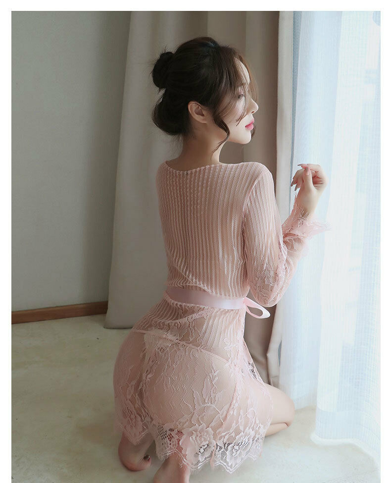 Sexy Lace Striped Pajama Nightdress Perspective Nightdress Set