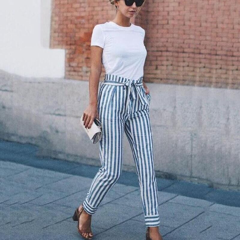 Casual Pants Stripe Slim Pocket Belt Pencil Long Skinny Workout Tapered Trousers