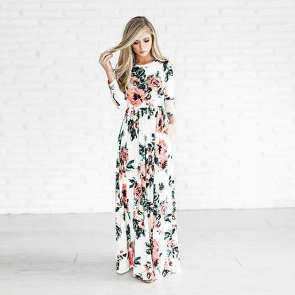 Maxi Dress Print 3/4 Sleeves Empire Floral Casual High Waist Long Party Dress