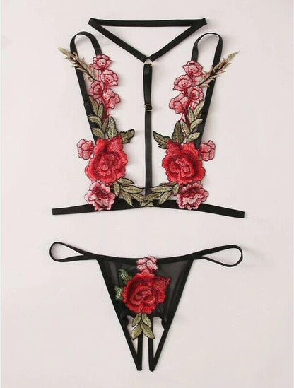 Sexy Three-point Embroidery Transparent Pajama Lace Suit Nightdress