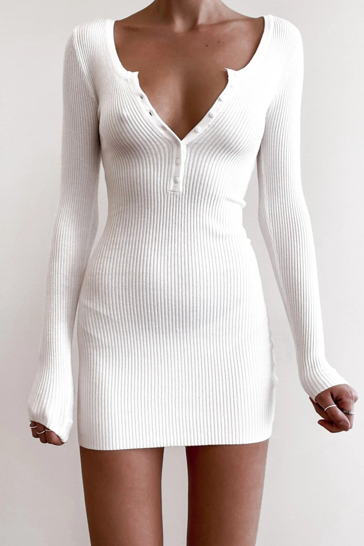 Deep V Neck Long Sleeve Sweater Bodycon Dress