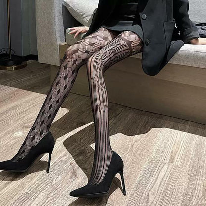 Sexy Asymmetric Pattern Sexy Hollow Out Trend Long Tube Bottomed Pantyhose