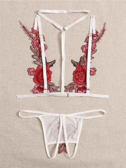 Sexy Three-point Embroidery Transparent Pajama Lace Suit Nightdress