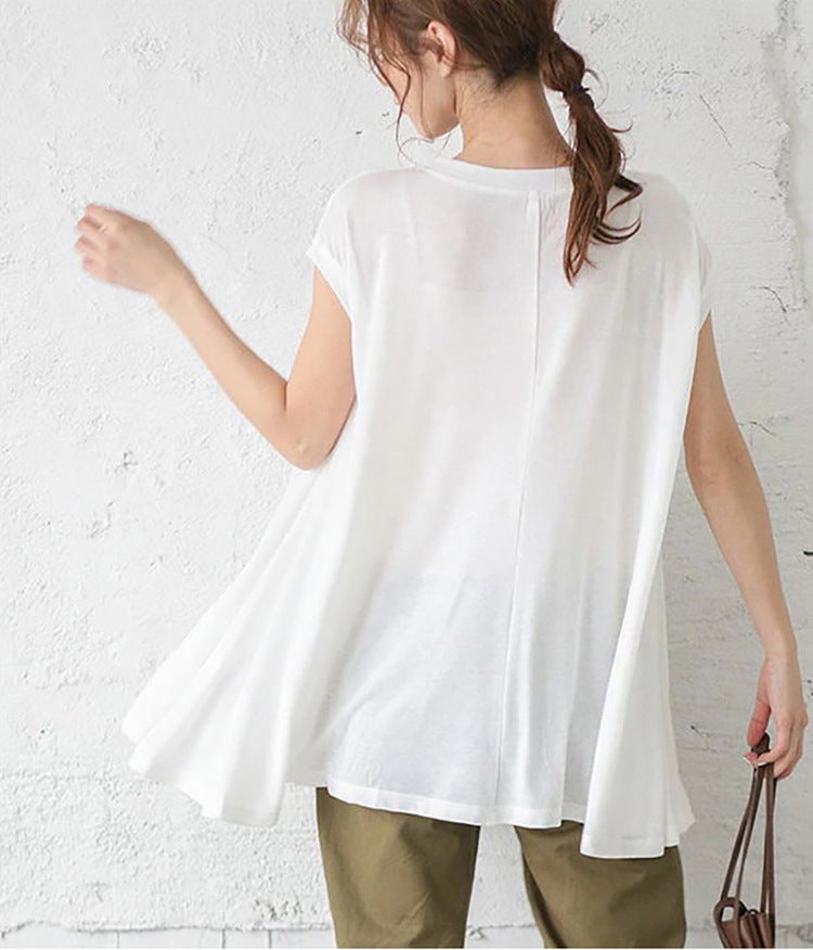 Casual Simple Loose Solid Color Pleated Round-Neck Short Sleeves T-Shirt Tops