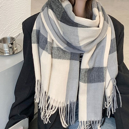 Contrast Color Plaid Imitation Cashmere Tassled  Shawl Scarf