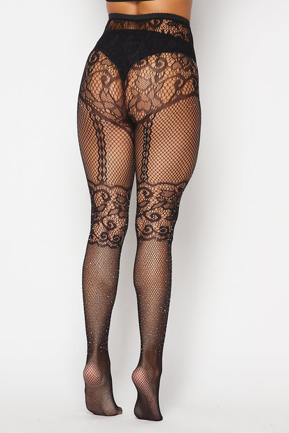 Free Shipping For Black Rhinestone Lace Tights