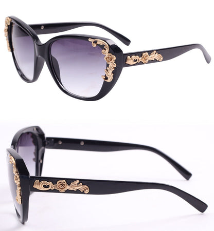 Women's Vintage Gold-tone Roses Carving Oversize Black Frame Sunglasses