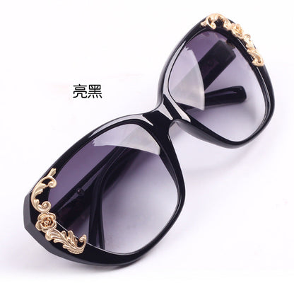 Women's Vintage Gold-tone Roses Carving Oversize Black Frame Sunglasses