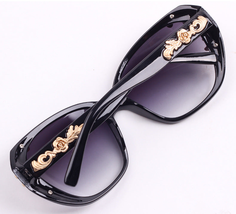 Women's Vintage Gold-tone Roses Carving Oversize Black Frame Sunglasses