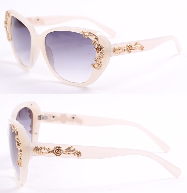 Women's Vintage Gold-tone Roses Carving Oversize Black Frame Sunglasses