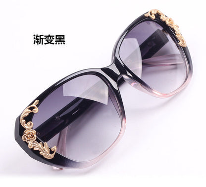 Women's Vintage Gold-tone Roses Carving Oversize Black Frame Sunglasses