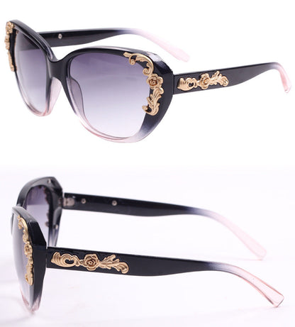 Women's Vintage Gold-tone Roses Carving Oversize Black Frame Sunglasses