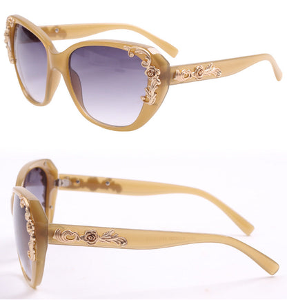 Women's Vintage Gold-tone Roses Carving Oversize Black Frame Sunglasses