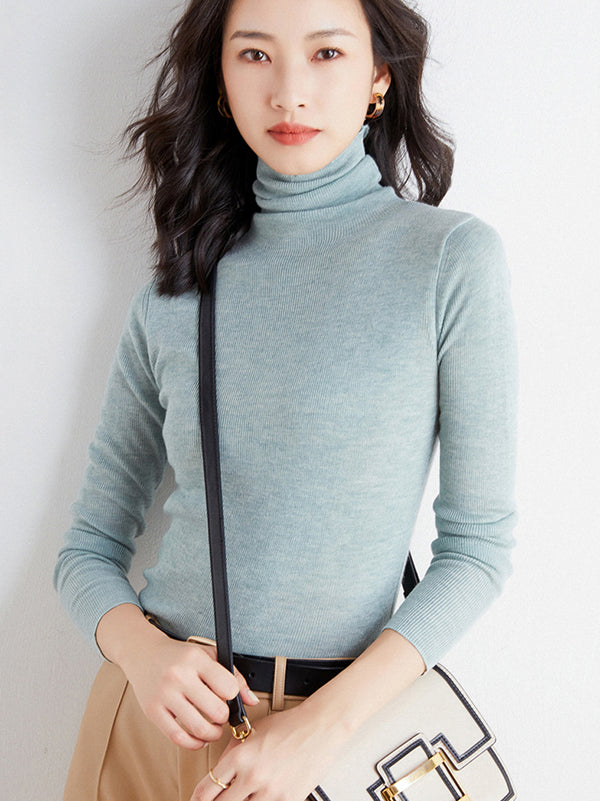 Simple Skinny Long Sleeves Solid Color High-Neck Sweater Tops Pullovers-Homeunderwear