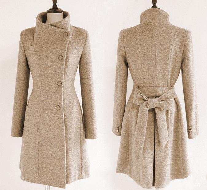 Clearance Slim Bowknot Sash Worsted Trench Coat