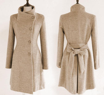 Clearance Slim Bowknot Sash Worsted Trench Coat