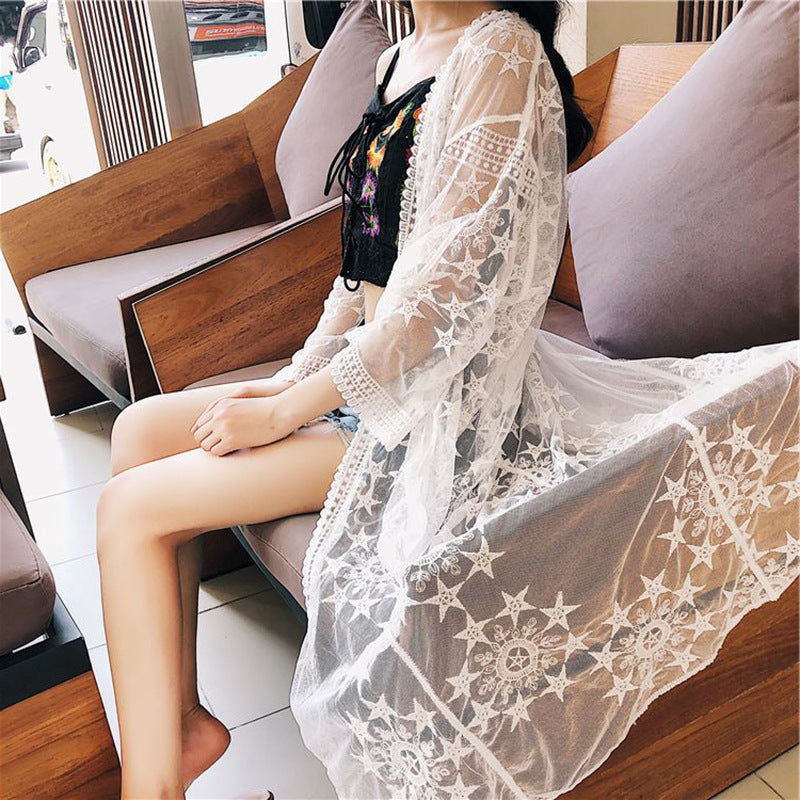 Lace Hollow Out Sun Protection Open Cardigan Midi Dress