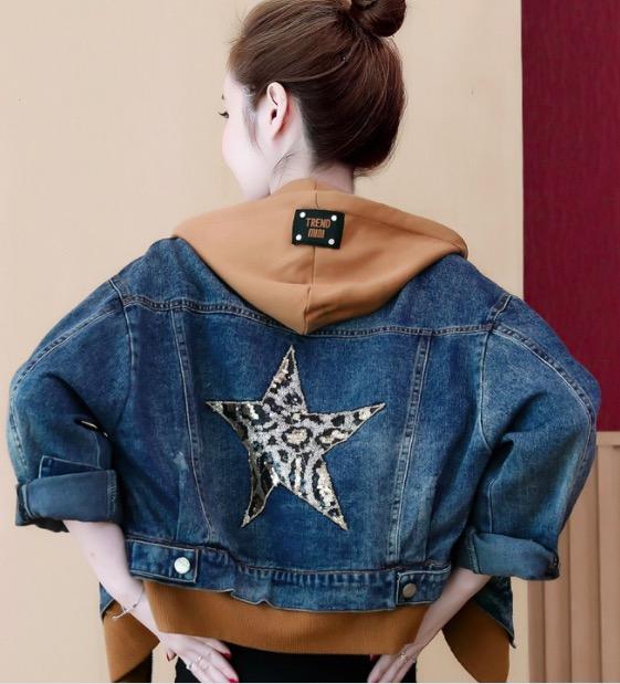 Fashion Hooded Loose Denim Coat Fake Two-Piece Set