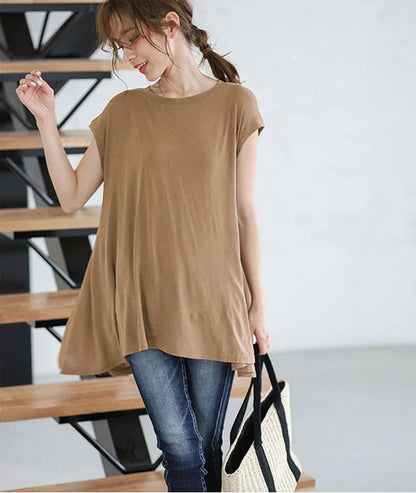 Casual Simple Loose Solid Color Pleated Round-Neck Short Sleeves T-Shirt Tops