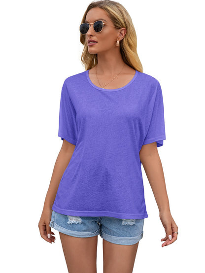 Round neck short sleeve cut out lace stitching T-shirt