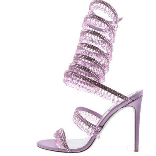 Gemstone-Adorned Wrap Around Ankle Strap Stiletto Sandals-Homeunderwear