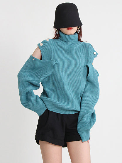 Casual Long Sleeves Loose Hollow Solid Color High-Neck Sweater Tops