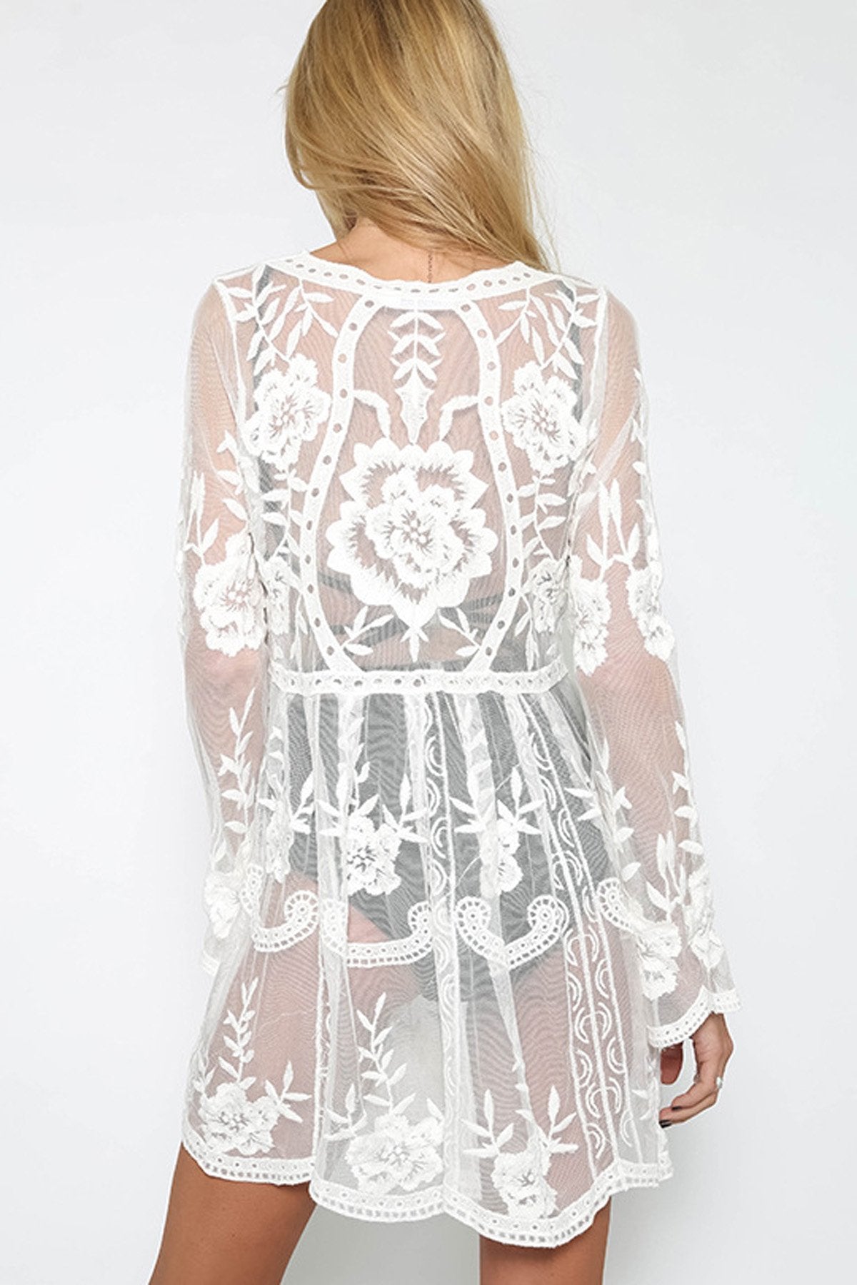 Pure Color Bohemian Lace Transparent Long Trumpet Sleeves Short Dress