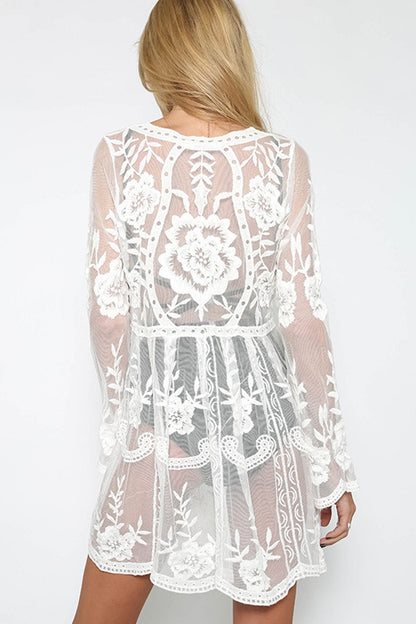 Pure Color Bohemian Lace Transparent Long Trumpet Sleeves Short Dress