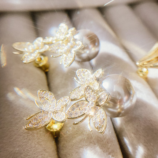 18K Gold Plated Butterfly With White Pearl Earrings