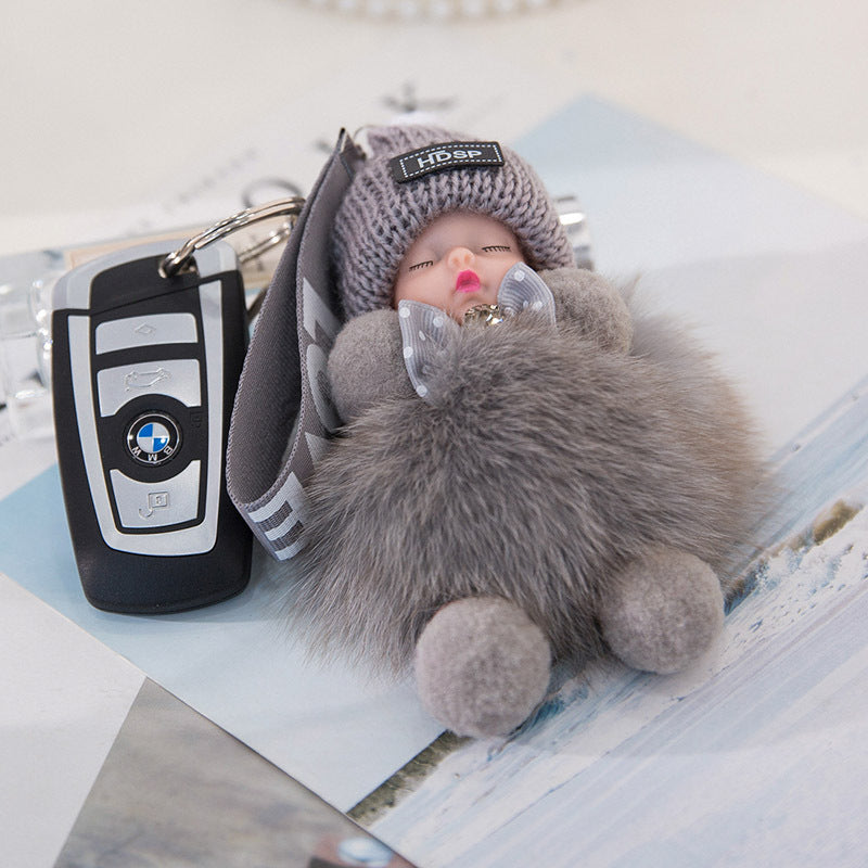 Cute Sleeping Baby Plush Car Keychain Charm