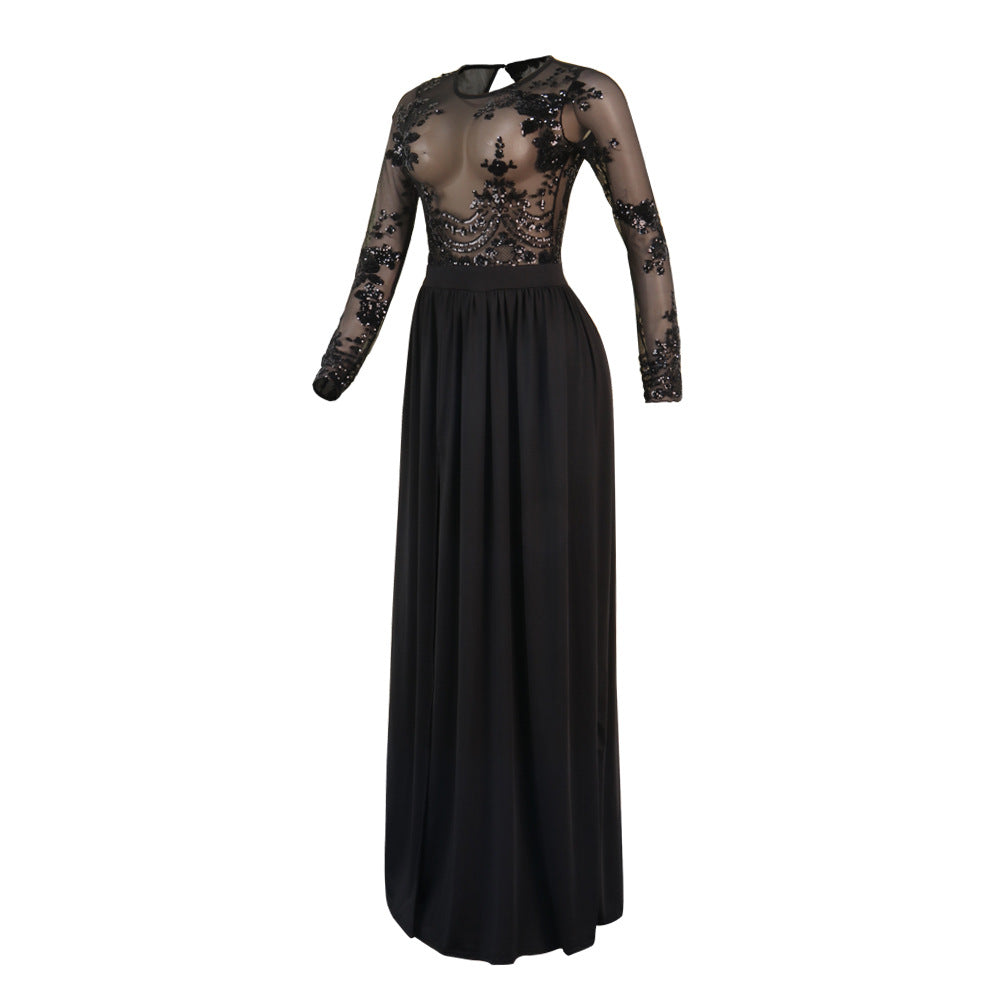 Sultry Elegance: Sparkling Sheer Lace Dress