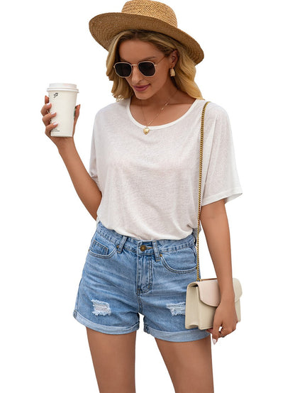 Round neck short sleeve cut out lace stitching T-shirt