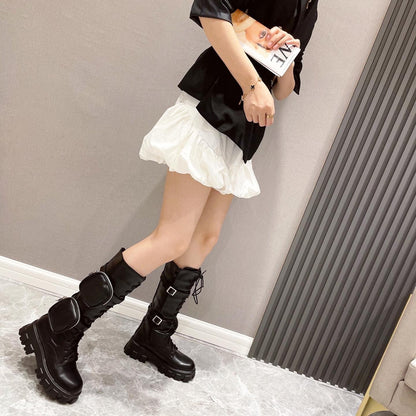 Double Pocket High Tube Thick Heel Bandage Boots