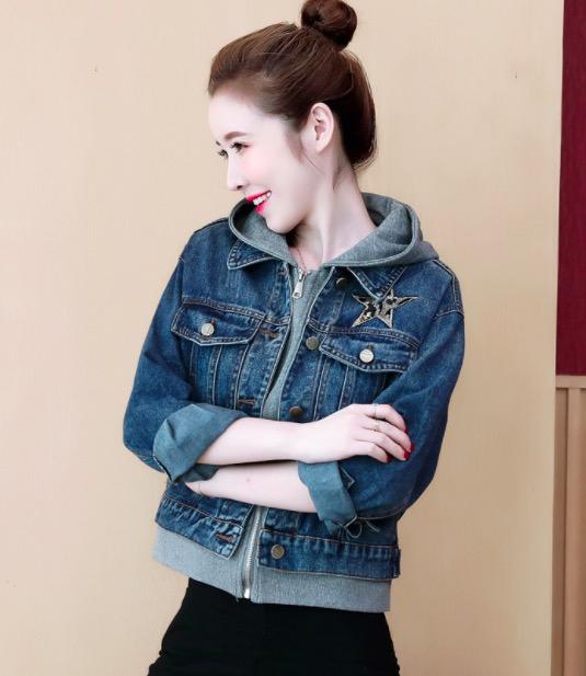 Fashion Hooded Loose Denim Coat Fake Two-Piece Set