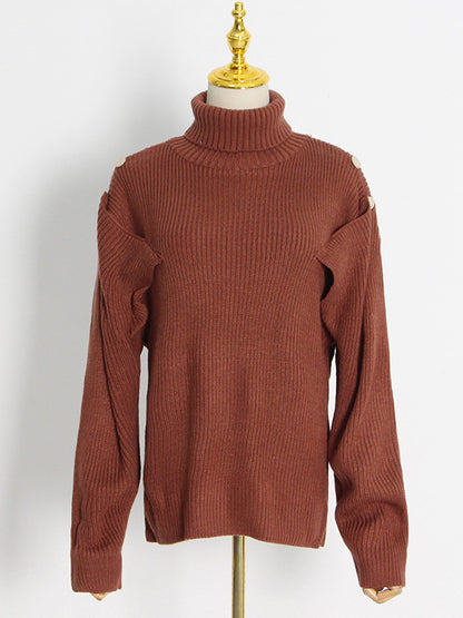 Casual Long Sleeves Loose Hollow Solid Color High-Neck Sweater Tops