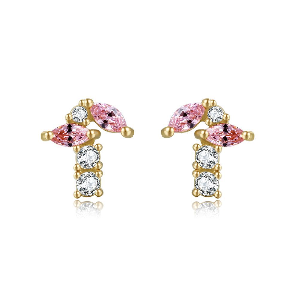 Free Shipping For Golden Plated Exquisite Inlaid Pink Gem Stud Earrings