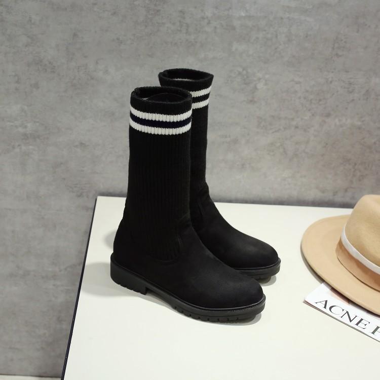 College Style Suede Round Head Color Blocking Knitted Boots